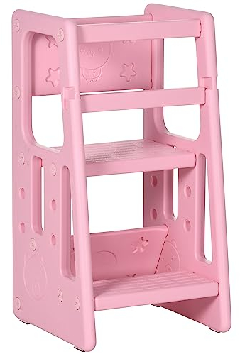 HOMCOM Lernturm Kinder-Tritthocker, Montessori Lernturm mit Handgriffe, Höhenverstellbarer Schemel, Küchenhelfer für Kinder 1,5 bis 5 Jahre, HDPE, Rosa, 47 x 47 x 90 cm