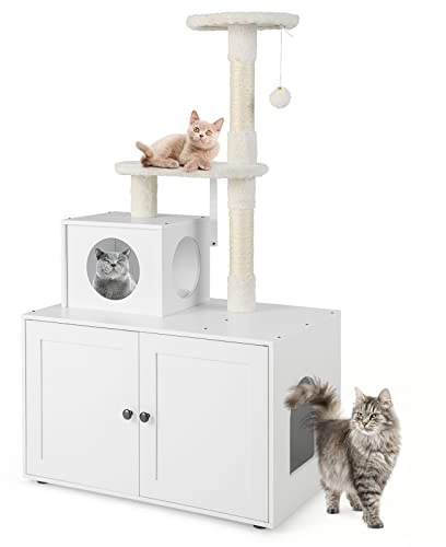 GYMAX Cat Litter Box Enclosure, Enlarged Kitty Washroom Storage Cabinet with Sisal Scratching Post, Plush Bell Ball, Condo & 2 Platforms, Hidden Cat House Pet Crate for Living Room (White)