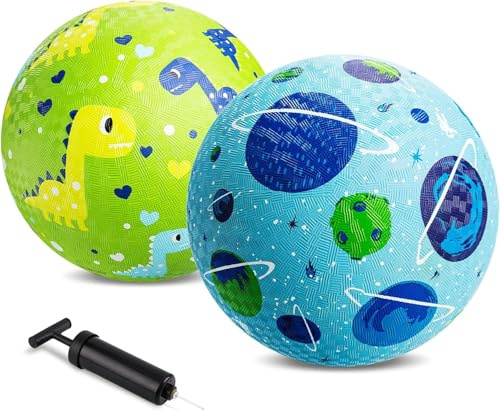 U&C Planet 2 Stück Spielplatz Bälle 21cm Kickballs Set Dodge Ball mit Pumpe Gaga Ball Handball Soft Boucy Bälle Spielball für Kinder 1-8, Spiel Camps Schule Garten，blau und grün