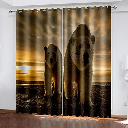 Gardinen Blickdicht 3D Sonnenuntergang Tierbär Druck Verdunkelungsvorhang Mit Ösen - Thermo Vorhänge 2Er Set Für Schlafzimmer Wohnzimmer, Vorhang Kinderzimmer Mädchen Junge 270X244Cm (Bxh)