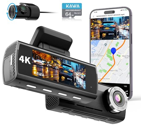 KAWA Dashcam Auto Vorne Hinten, True 4K WiFi Dashcam Auto mit 64GB SD Karte, Dual Cam, Eingebautes GPS, 3.16'' IPS Bildschirm, Startlicht Nachtsicht-Loop-Aufnahme, Notaufnahme, 24Std. Park Modus,D8