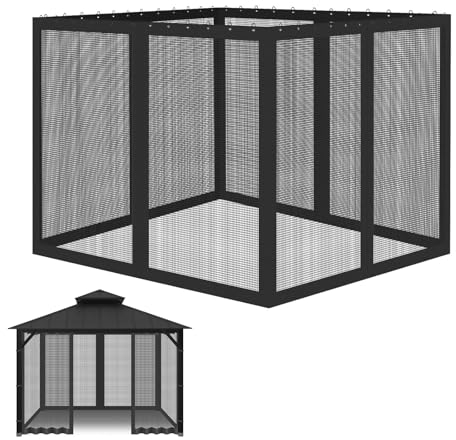 PJDDP 3x3.6M/10x12FT Pavillon Universal Ersatz Moskitonetz, Outdoor-Überdachungszelt Mesh-Netz 4-teilige Seitenwand mit Reißverschluss Haken für Terrasse,Garten,Hinterhof (nur Netz),Schwarz