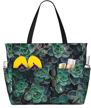 BREAUX Bolsa de mano con estampado de plantas suculentas, bolsa de comestibles de moda, bolsa de viaje de playa de gran capacidad, bolsa de compras, color negro, talla única, Black, Talla única