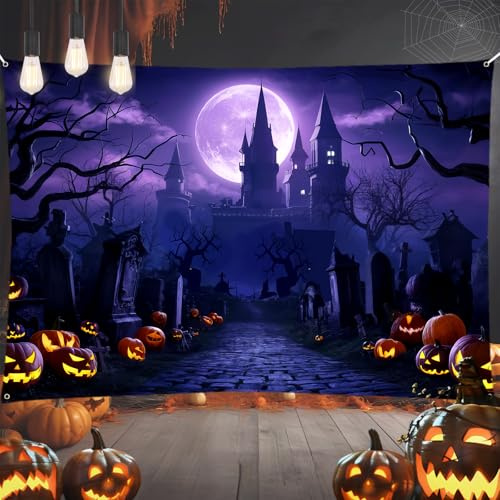 Happy Halloween XXL Lila Nacht Mond Kürbis Schloss Banner Dekoration für Halloween Geburtstag Photo Booth Drinnen Draußen Deko