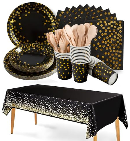 vaisselle de fête d'anniversaire 141 pièces noir - Assiettes en carton - Vaisselle de fête d'anniversaire - Assiettes en carton - Assiettes, gobelets, napkins - 100 %