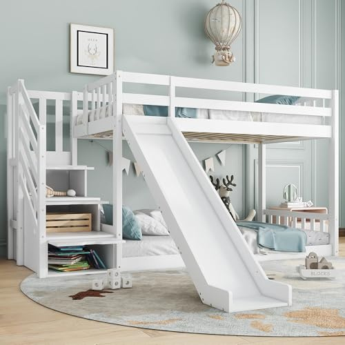 Jtyca Bunk Beds for Kids, Wooden Cabin Beds Frame with Drawers and Stairs in One, Easy Storage and Space Saving, 90x190cm, White, (Without Mattress)