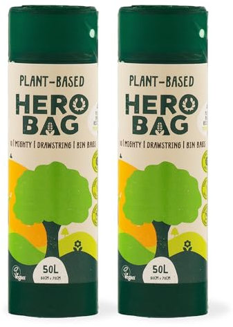 HERO BAG 50L Plant-Based Heavy Duty Kitchen Bin Bags with Drawstrings, Extra Strong, No Leaks, Biodegradable, Compostable, Vegan Cruelty Free, Recycling Trash Liners Clear and Black Bin Bags, 20 Count