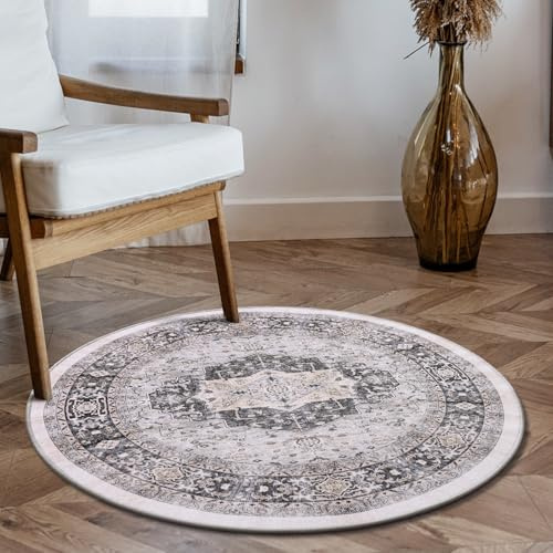 Carvapet Waschbar Rund 90cm Rutschfest Dünner Teppich Grauer Retro Medaillon für Wohnzimmer Schlafzimmer