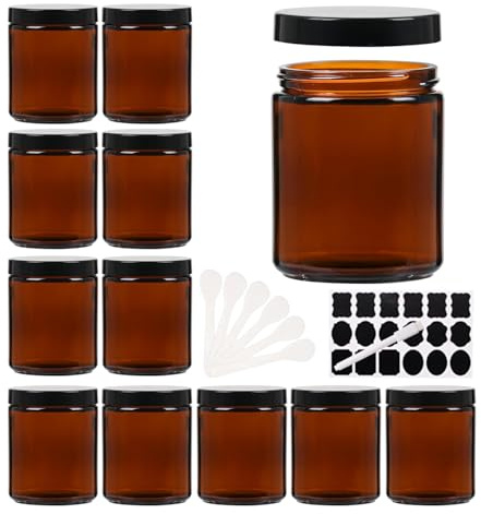 YBCPACK 12 stycken bruna glasstämplar 250 ml, brunt glas degel med lock, tomma krämburkar för fyllning, salvburkar för krämer, lotioner, kosmetika och eteriska oljor