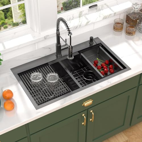 Talllor 36 Inch Drop-In Double Bowl Kitchen Sink with Faucet, 16 Gauge 304 Stainless Steel 50/50 Low Divide Workstation All-In One Large Sink with Accessories Gunmetal Black #TL-FDOE00094