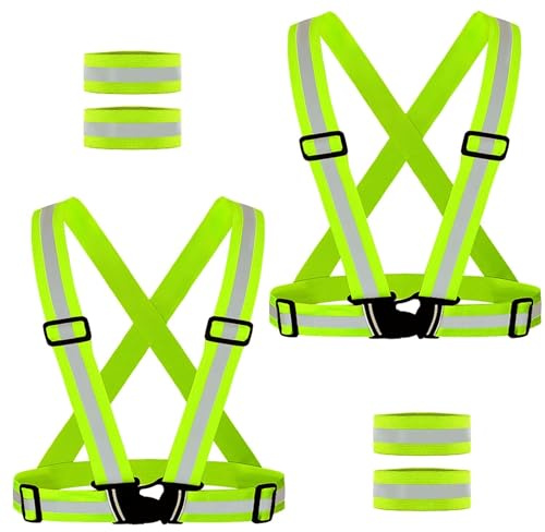 2 Gilet Catarifrangente con 4 Braccialetto, Bretelle Catarifrangenti Regolabile, Imbragatura Riflettenti Sicurezza Alta Visibilità, Gilet Riflettente per Attività Aperto,Corsa,Motociclismo,Passeggiate