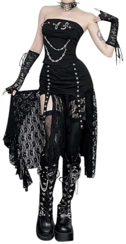 M&Catree gotisk spetskjol asymmetrisk fåll punk vintage stil steampunk viktoriansk midikjol svart flödande kjol, svart, S