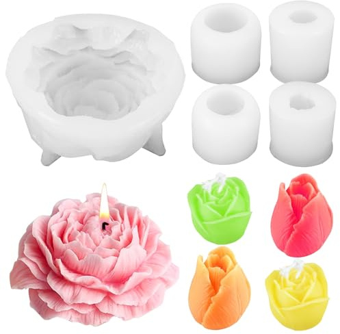 Kerzen Silikonformen, 5 Stück kerzenformen zum gießen, 3D silikonform blume Kerzenform Pfingstrose, rose, Tulpenform Silikonform, Handgemachte Seife Silikonform Blumen für Muttertag Valentinstag