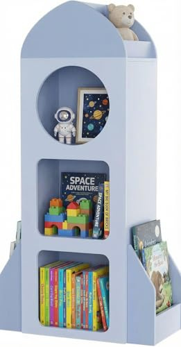 MAMIZO Bücherregal Kinder,Kinderregal mit 3 Ebenen,Spielzeugregal,Kinderzimmer Spielzimmer Regal, Montessori Bücherregal,Spielzeug Aufbewahrung,120×60×31cm,Blau, Raumschiff Raketen-Motiv