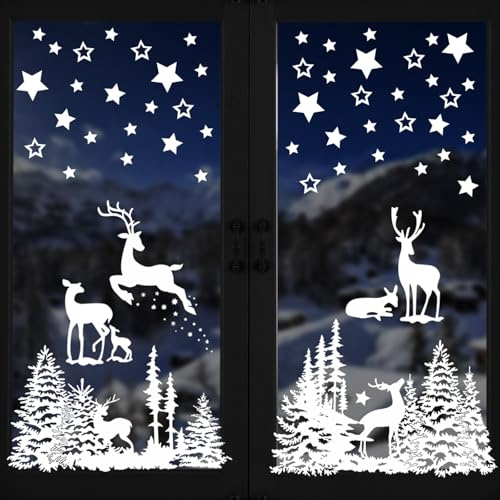 Fensterbilder Weihnachten Selbstklebend, Fenstersticker Kinder Fensteraufkleber Weihnachts Fensterdeko Groß Weiß, Wiederverwendbar PVC Weihnachtsdeko Elch Sterne Fensterbild Winter Fenster Tür Deko