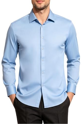 Mauro Kane Camicia Uomo No Stiro Manica Lunga - Camicia Elegante da Uomo con Una Lucentezza Tenue, Regular Fit Business Casual, Antipiega con Bottoni Blu L