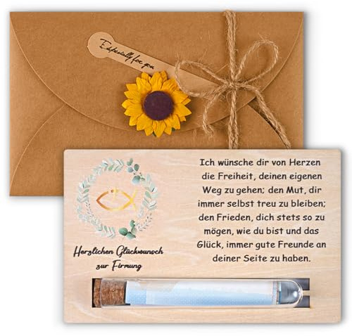 Taufe Geldgeschenke Firmung Geschenke für Mädchen Jungen, Konfirmation Geschenke für Jungen Mädchen mit Acryl Reagenzglas ,Umschlag und Bestätigungskarte aus Holz Karte Firmung für Kinder (Kranz)