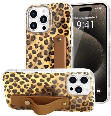 LAPOPNUT for iPhone 15 Pro Max Case Strap Leopard Print, Light brown | Cheetah Amber Pattern Phone Cover, Adjustable Finger Wrist Stand Holer, Cute for Women Girls Men,TPU Bumper Shell, Protecion