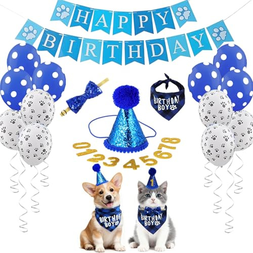 Katzen Geburtstag Set Komplett Katze Party Deko mit Bandana Hut Fliege Banner Geburtstagszahl und Ballons 12 Buchstaben für Katze Geburtstag Party Zubehör