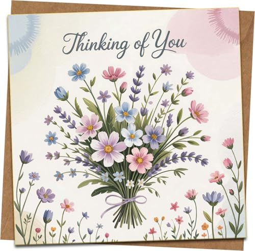 Thinking of You Greeting Card – Floral Bouquet Design – 145mm x 145mm Square Card with Kraft Envelope – Sympathy/Get Well/Friendship Card