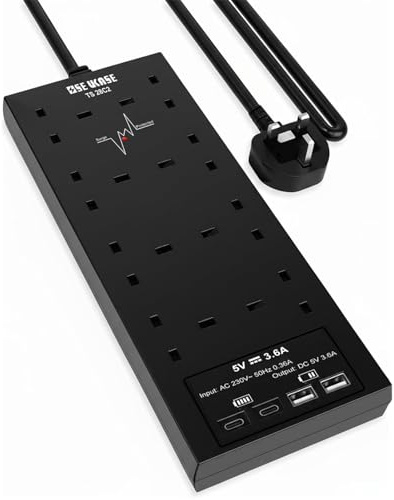 Extension Lead with USB Slots, 8 Way Socket Surge Protection with 4 USB(2C+2A) Multi Plug 2990W Safety Shutter with 2M Extension Cord for TV PC Laptops Tablets (TS 28C2 2M) BLACK