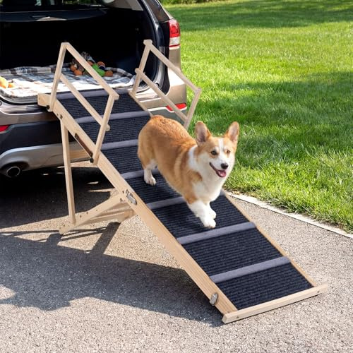 COSTWAY Wooden Pet Ramp, Foldable Dog Car Ladder with 6-level Adjustable Heights, Non-slip Carpet, Removable Side Rails, 150cm Long Dog Ramps for Vehicle, High Bed and Sofa