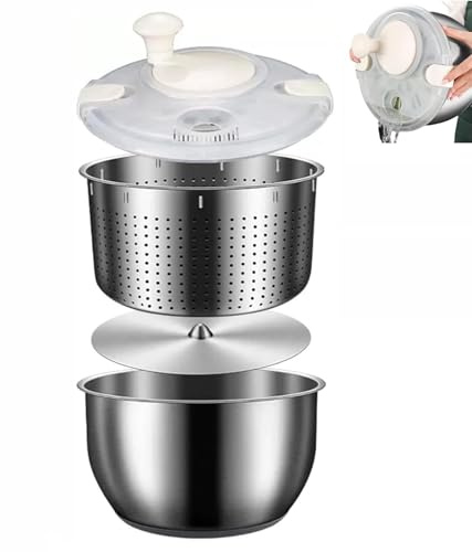 Fruit Cleaner Spinner, High-Efficiency Stainless Steel Salad Spinner, 6L Large Capacity Vegetable Washer & Dryer with Lid, Quick Spin Strainer Bowl for Lettuce, Fruits, Berries, and Greens