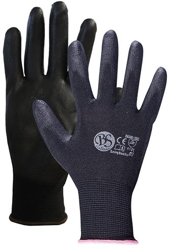 Stenso 12 pares de guantes de trabajo Bunting Evo guantes de protección de poliuretano para hombre y mujer guantes de montaje antideslizantes sin costuras Negro L