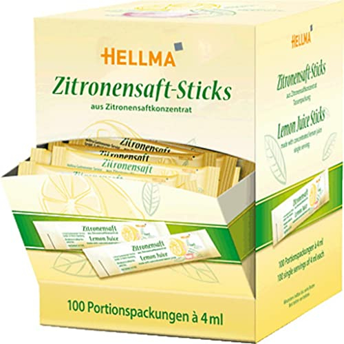 Hellma Zitronensaft-Sticks 100 Stk. je 4 ml säuerlich - 400 ml Vorrats-Box - Konzentrat einzeln, für Kaffee, Tee, vegan