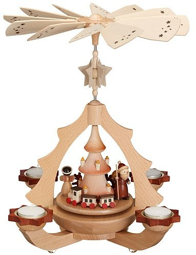 Rudolphs Schatzkiste Tischpyramide Bescherung Weihnachtsmann mit Zug HxLxB 31x31x36cm NEU Pyramide Minipyramide Holzpyramide Seiffen Erzgebirge Weihnachten Wärmespiel Lichter Figur Holz Flügel