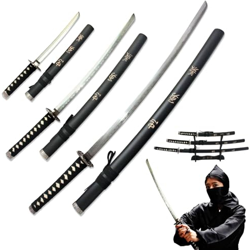 Swords and more Samurai Schwert Set, Samurai 3er Set Samurai Schwerter, Edelstahl, Schwert Metall, Katana Set mit Katana, Wakizashi & Tanto – Katana Schwert, inklusive Schwertständer, als Samurai Deko
