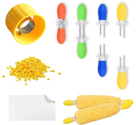 8X Corn Holders, Stainless Steel Corn Cob Holders Corn on The Cob Holders Skewers, 1x Corn Cob Stripper, Corn Peeler for Corn on The Cob, Corn on The Cob Remover, Corn Skewers Kitchen Gadgets