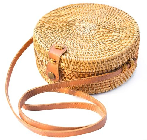 Handwoven Round Rattan Bag Purse for Women, Tote Basket Circle Boho Bag Bali