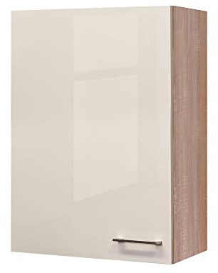 Flex-Well Hängeschrank Nepal - Küchenschrank - 1-türig - Breite 60 cm - Hoch 89 cm - Creme glänzend/Eiche Sonoma