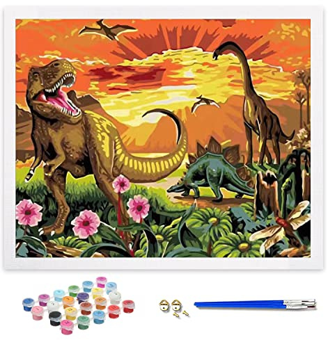 ifymei Måla efter siffror för vuxna, barn, nybörjare, gör-det-själv-presentkonstkit med borstar och akrylpigment för flickor och pojkar, 40 x 50 cm färgglada dinosaurier [utan ram]