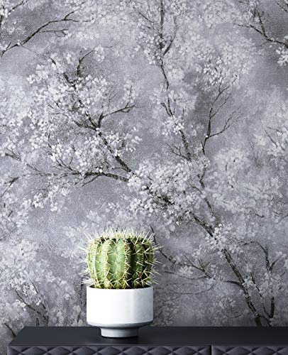 Newroom Vliestapete Grau Kirschblüten Tapete Wohnzimmer Schlafzimmer | Kirschblütenzweige Wolkenoptik, feine Leinenstruktur, Chinoiserie Asiatisch Elegant, Mustertapete Büro Flur