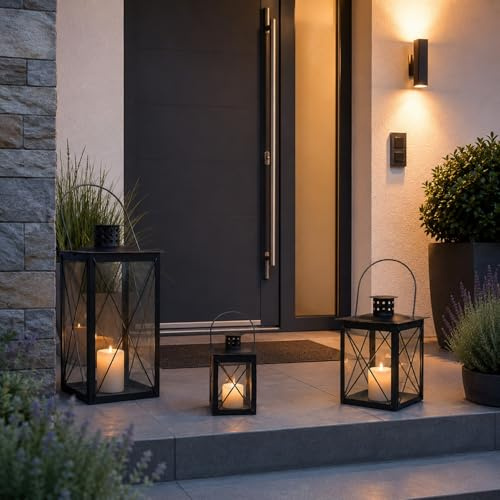 Mojawo 3er Set Metall-Laternen Schwarz - Dekorative Windlichter in 3 Größen mit Tragegriff - Vintage & Modern Design für Innen- und Außenbereich - Für Kerzen, LED-Kerzen und Lichterketten