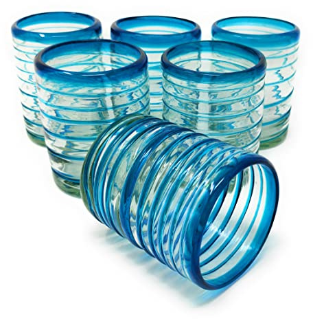 Dos Sueños Hand Blown Mexican Drinking Glasses – Set of 6 Tumbler Glasses with an Aqua Spiral Design (10 oz each)