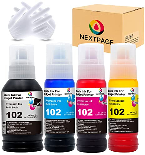 Nextpage 102 Tinte kompatibel für Epson 102 EcoTank Tintenflasche für Epson EcoTank ET-2700 ET-2750 ET-2751 ET-2756 ET-3700 ET-3750 ET-4750 ET-15000, Multipack (Schwarz, Cyan, Magenta, Gelb.)