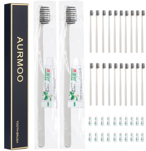 AURMOO Reisezahnbürste mit Zahnpasta, Reise Zahnbürste Set, 20 Stück, Einweg Zahnbürste, Handzahnbürste, Hotel Zahnbürsten, Einmal Zahnbürsten, Travel Toothbrush für Camping Reisen, Einzeln Verpackt