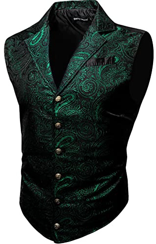 Barry.Wang Viktorianische Herren-Weste, Steampunk, Gothic, Paisleymuster, maßgeschneiderter Kragen, Weste, Halloween-Motto-Party, Ein Smaragdgrün-Schwarz, Medium
