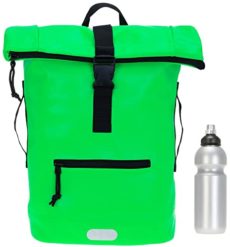 Elephant Rucksack Time Bag A4 Plane 12825 Neon Viper Green +Flasche | Damen Herren Kurierrucksack Roll-Top Fahrradrucksack Sport Fitness 23 Liter Freizeit Brustgurt Fahrrad Kurier Laptopfach