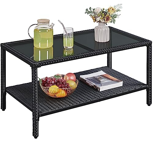 Yaheetech Poly-Rattan Gartentisch Kaffeetisch Terrassentisch, Beistelltisch Couchtisch Balkontisch mit Ablage & Platte für Indoors/Outdoors, Schwarz