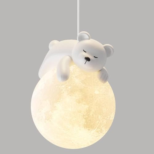 Nettes Bär-Pendelleuchte mit 3D-Druck Moon Globe Cartoon Schlafende Kaninchen Kronleuchter Kinder Planet Hängelampe Kinderzimmer 3-Licht Pendelleuchte für Jungen Mädchen Schlafzimmer Nachttisch,3000K