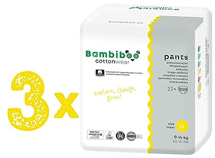 Bambiboo Set 66 STÜCK Baby Windeln Pants Größe 4 (9-14 kg) COTTONWEAR Panty Höschen mit Bio-Baumwolle und Pflanzenstoffen mit Feuchtigkeitsindikator atmungsaktiv - 3 x 22