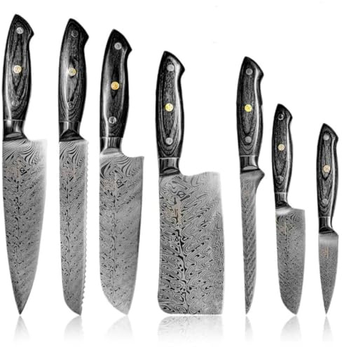 Küchenkompane - Edelstahl Messerset Kumai - 7-teiliges Küchenmesser Set - Kochmesser im Damast Design mit Epoxidharz Griff inkl. Geschenkbox - rostfreie & scharfe Messer - Designed in Germany