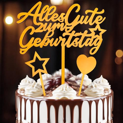 Tortendeko Alles Gute zum Geburtstag Happy Birthday aus Holz Gold, Cake Topper mit Sternen Liebe Fügen Sie, für Mädchen Jungen Frauen Mann