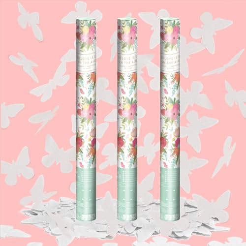 OH YEAH - 3 Unidades - Cañón Confeti Mariposas Blancas 50 cm - Confeti Mariposas color Blanco - Boda - Papel Biodegradable - Fiesta - Eventos - Cañón Fiesta 50 cm - FÁCIL USO