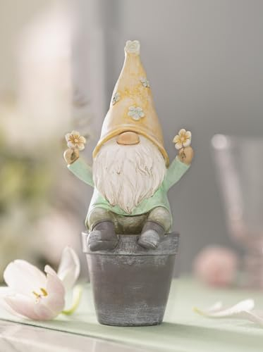 Dekofigur Wichtel Blümchen aus Polyresin, gelb/grün, Frühlingsdeko, Gartenzwerg, Garten-Deko für Draußen