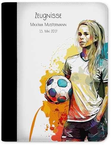CreaDesign Zeugnismappe A4 mit Namen personalisiert – Fußballspielerin bunt – für Mädchen – Dokumentenmappe Schule ohne Klarsichthüllen